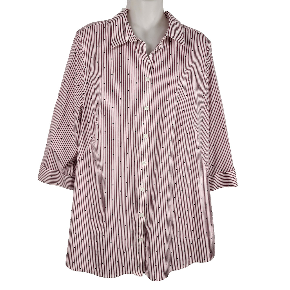 Chico's Womens Shirt No Iron Pink Striped Polka Dot Button 3/4 Sleeve Pockets L